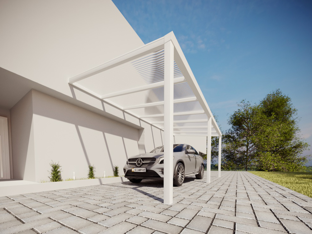 Produktvisualisierung eines weißen Carports aus dem Terruda-Bestand