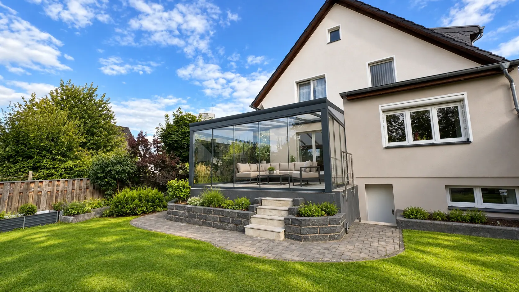Kaltwintergarten mit moderner Lounge auf erhöhter Terrasse